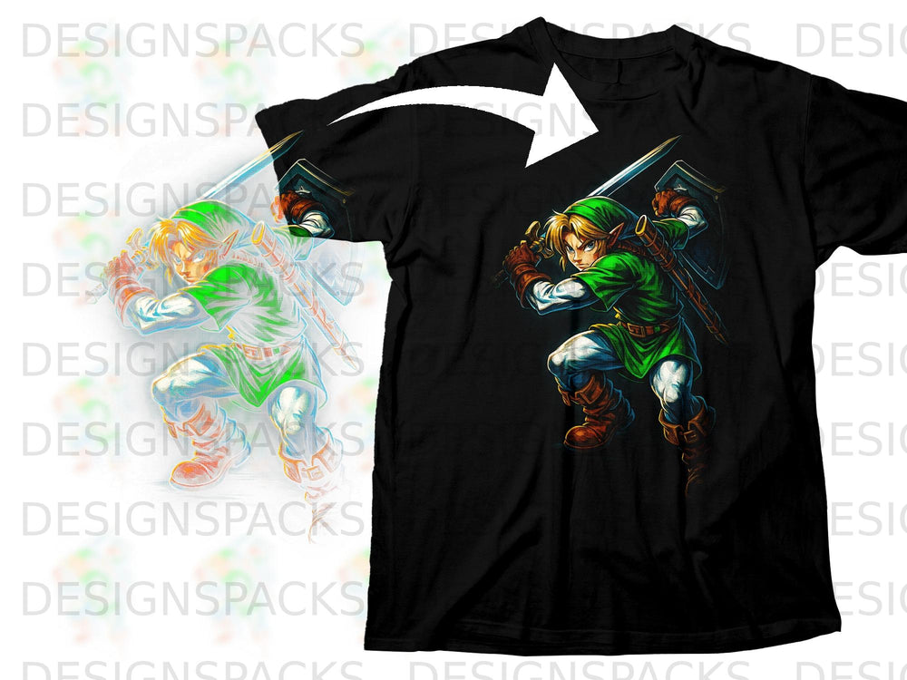 Link from The Legend of Zelda holding a sword and shield on a black t-shirt.