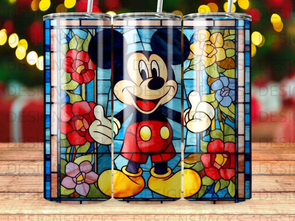 Mickey Mouse in stained glass style, with red and yellow flowers.