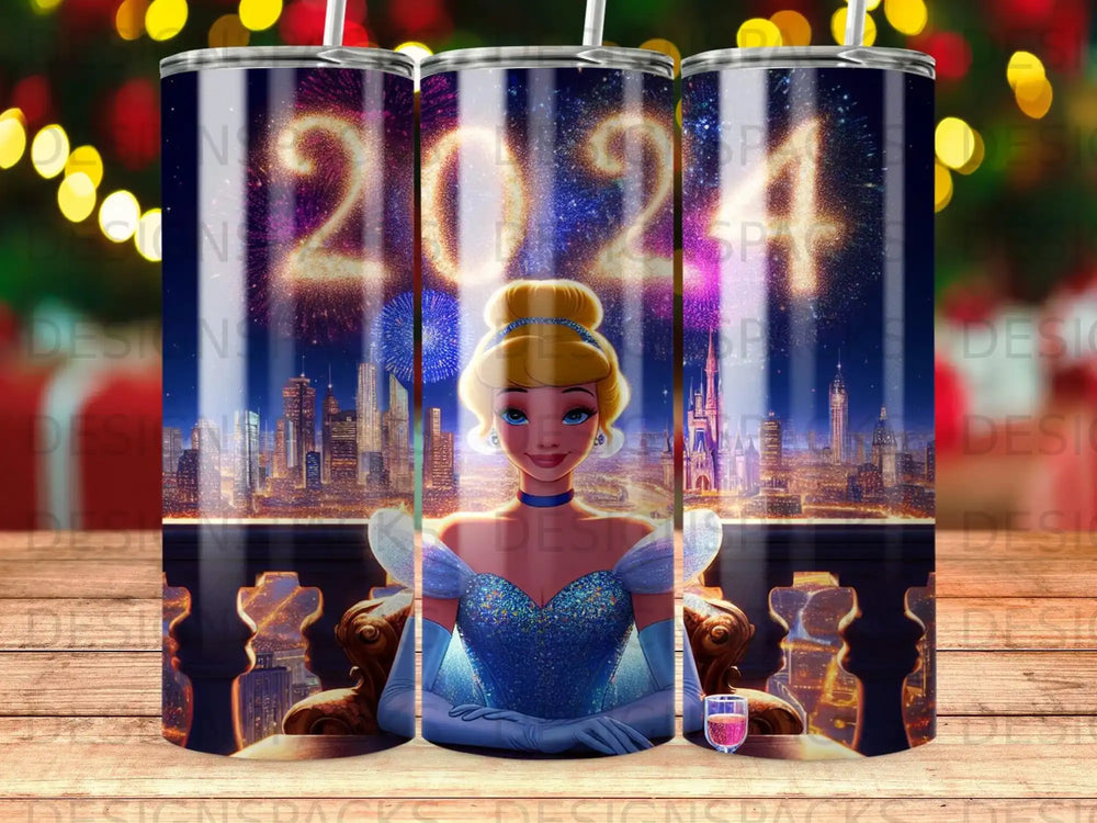 Cinderella sitting before a city skyline with fireworks.