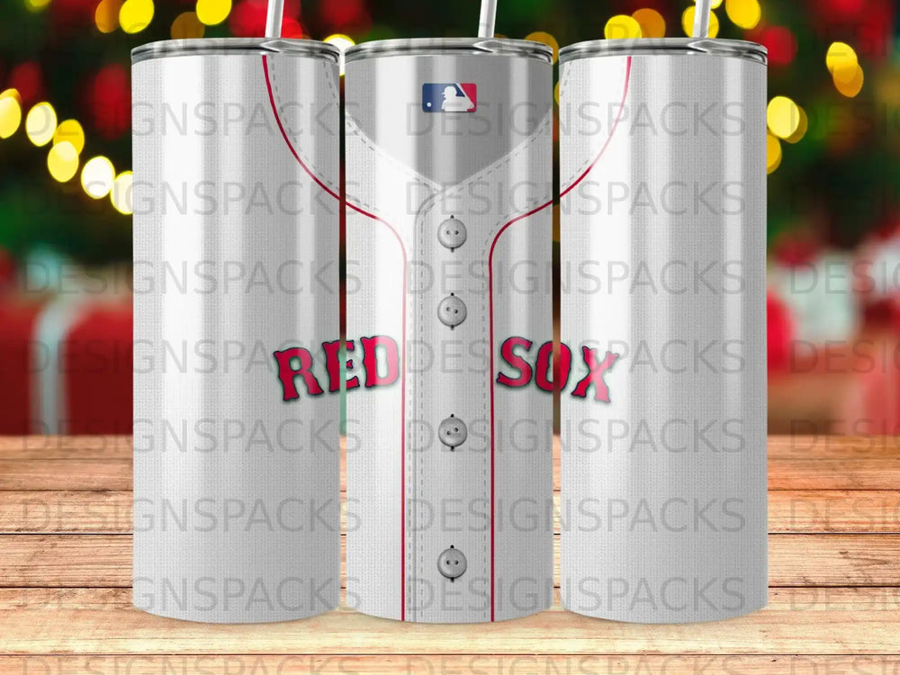 Red Sox logo on a tumbler cup with a bokeh background.