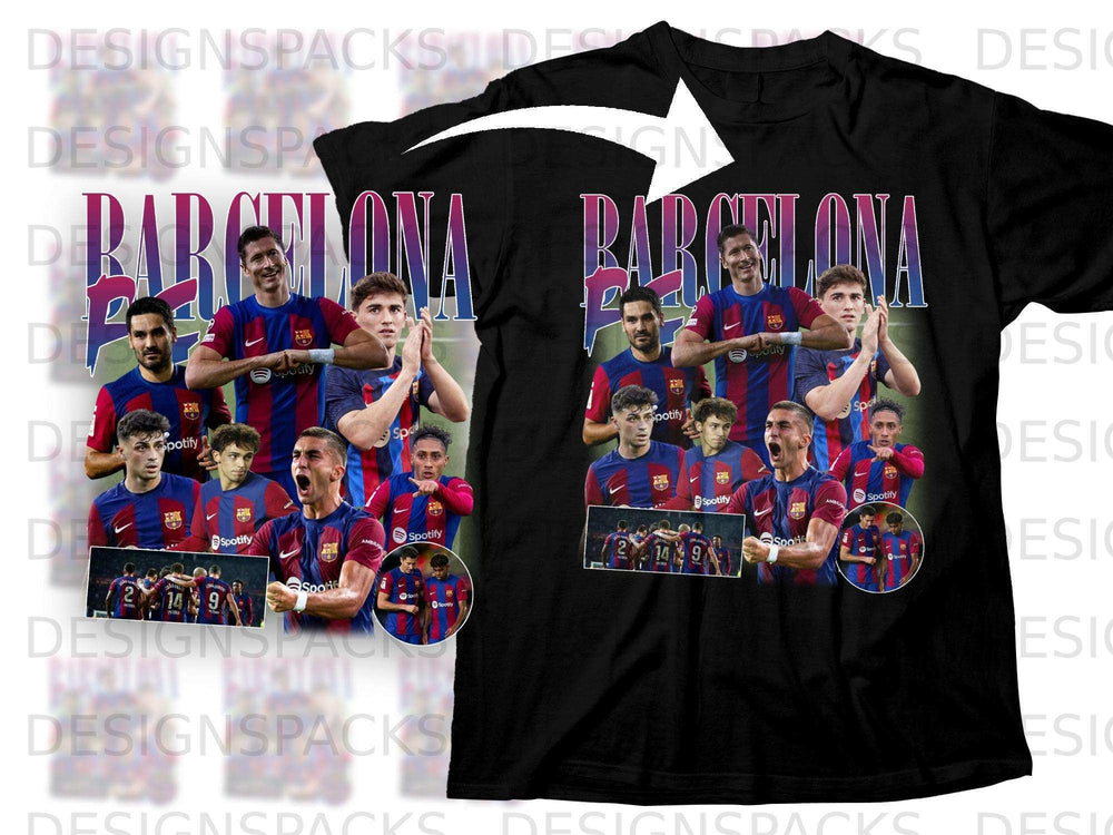 Barcelona FC team with players posing for a photo on a black t-shirt.