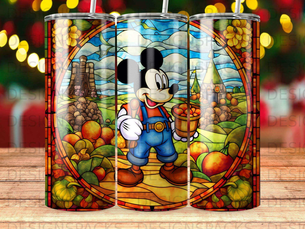 Mickey Mouse holding a basket of fruit, depicted in a stained glass art style.