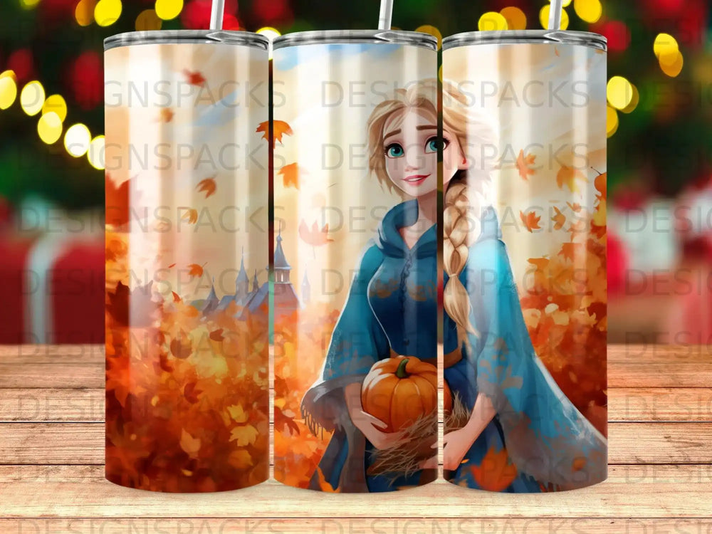 Autumn-themed tumbler with a girl holding a pumpkin among falling leaves.