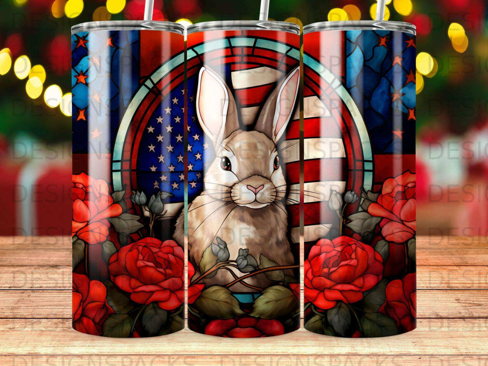 Bunny with American flag background and red roses.