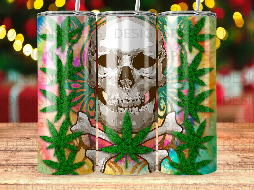 Skeleton skull with cannabis leaves and geometric patterns on a tumbler.