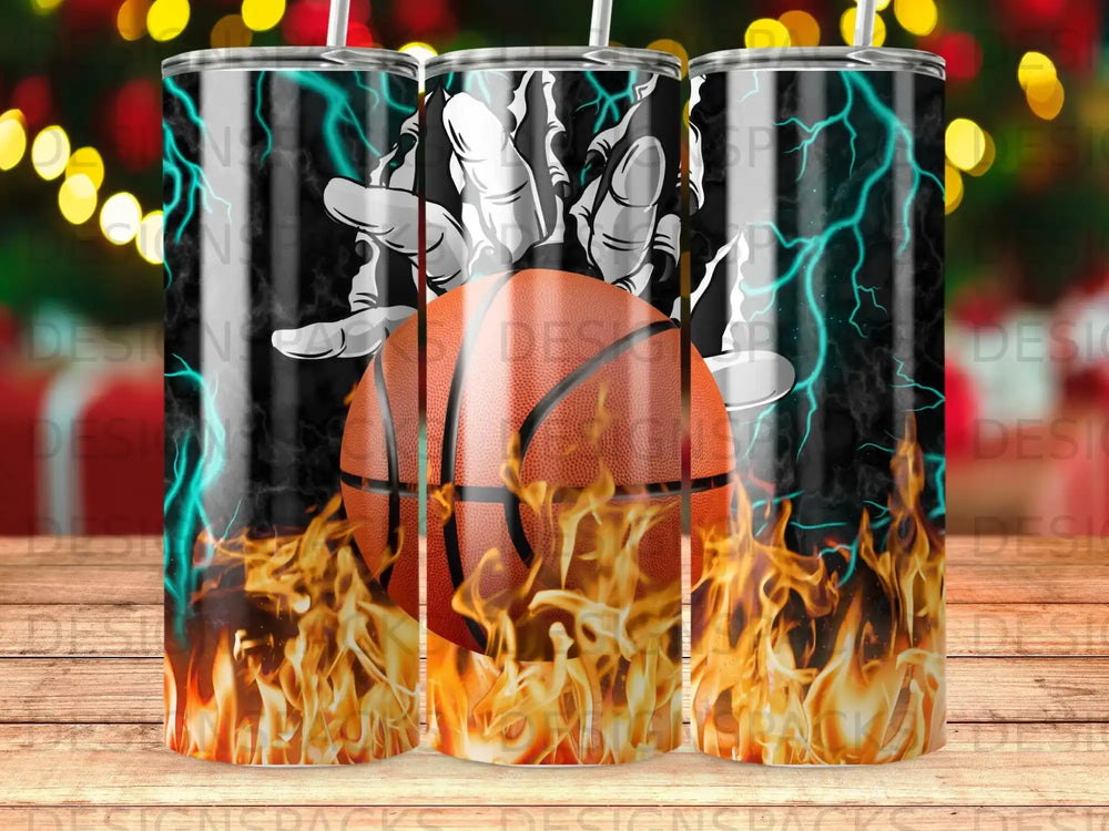 Basketball with flaming orange flames and crackling blue lightning.