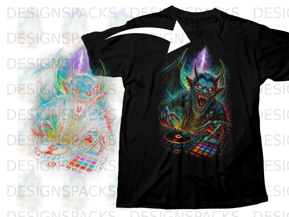 Black t-shirt featuring a demon DJ with glowing eyes and sharp claws.