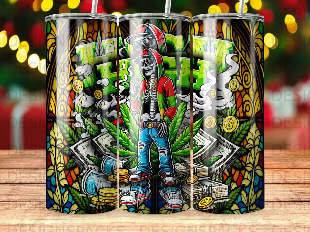 Skeleton wearing sunglasses and hoodie, surrounded by money and cannabis leaves.