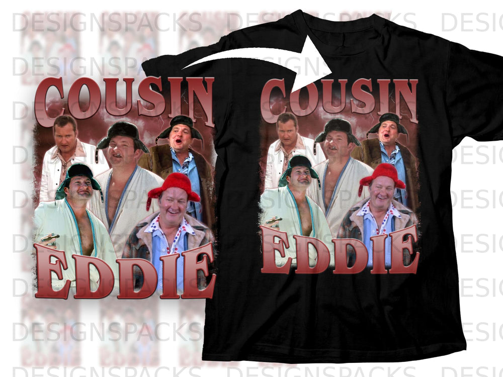 Black t-shirt with "COUSIN" and "EDDIE" text and cartoonish men.