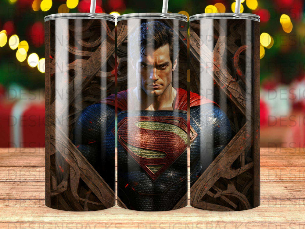 Superman's iconic emblem on a superhero-themed tumbler with wood grain frame.
