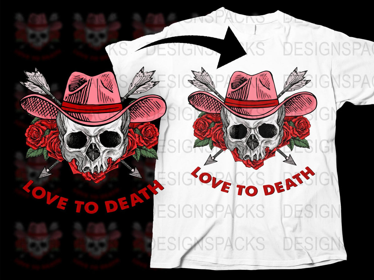 Gothic Skull T-Shirt, Red Roses and Cowboy Hat Design, Love to Death Graphic Tee