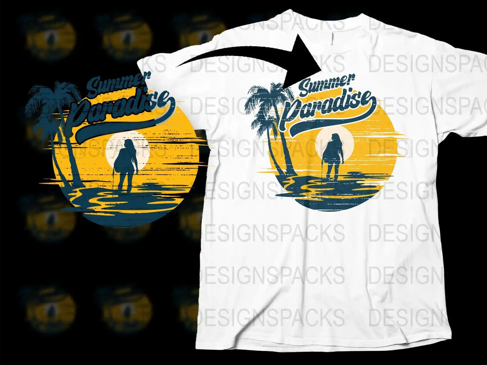 Summer Paradise T-Shirt, Tropical Sunset Graphic Tee, Beach Palm Trees Design, Casual Vacation Wear