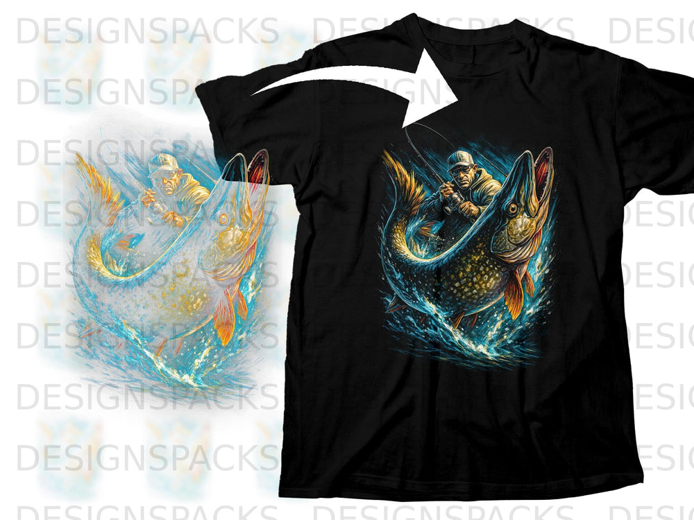 Man reeling in a large fish, splashing water, detailed illustration on black t-shirt.