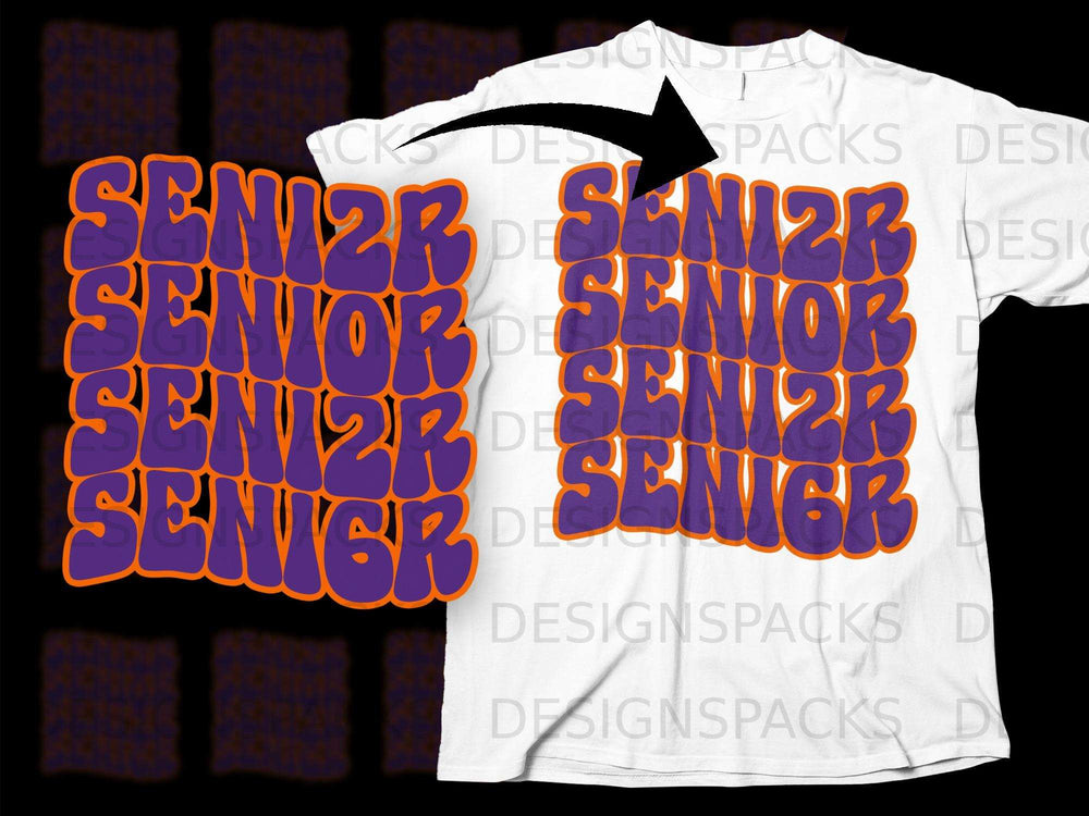 White t-shirt with purple and orange "Senior" text design.