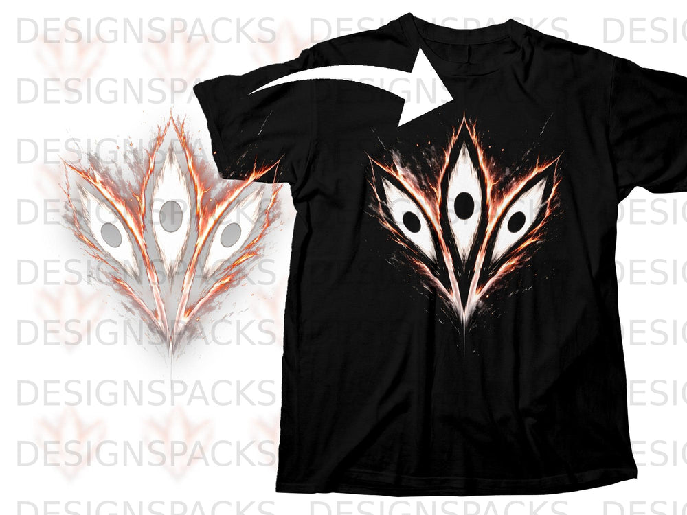 Black t-shirt featuring a fiery, abstract eye design with a white arrow overlay.