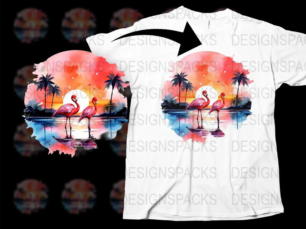 Tropical Sunset Flamingo T-Shirt, Colorful Beach Palm Tree Graphic Tee, Water Reflection Summer Fashion Top