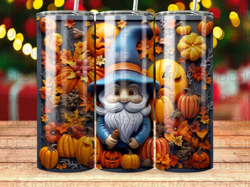 Gnome in wizard hat with pumpkins and autumn leaves, full wrap design.