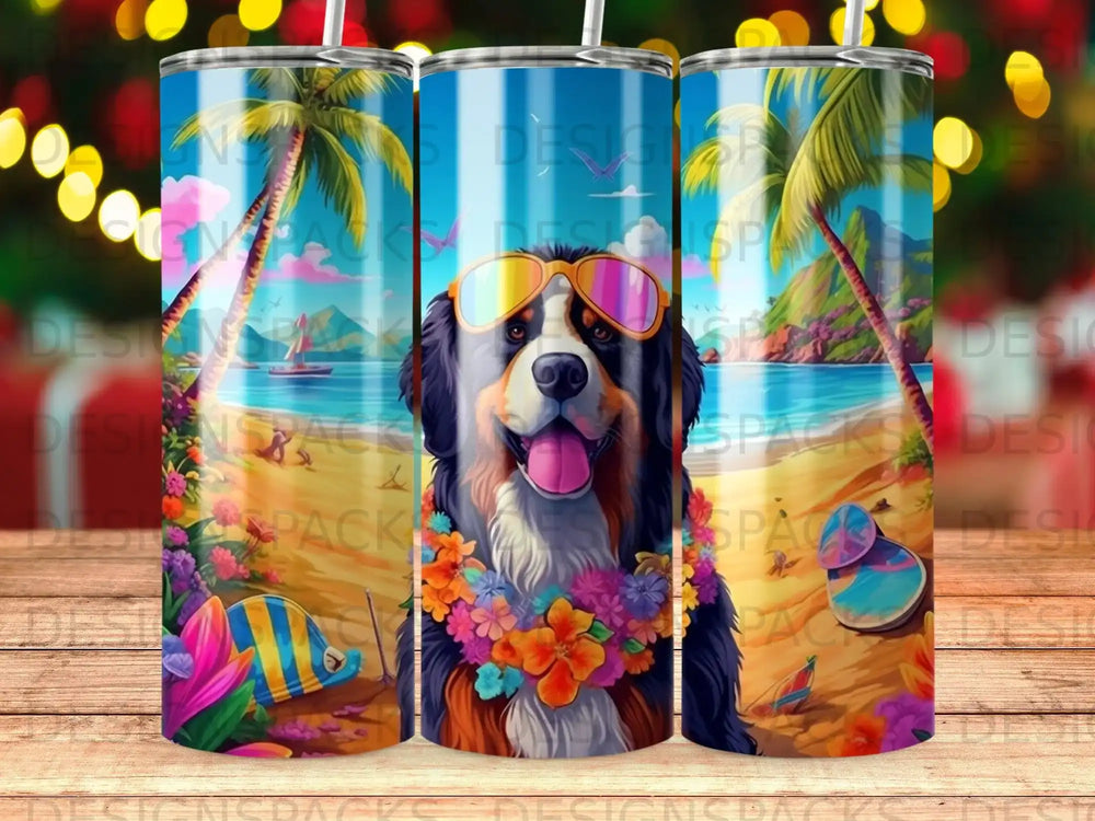 Bernese Mountain Dog wearing sunglasses and lei on a tropical beach.