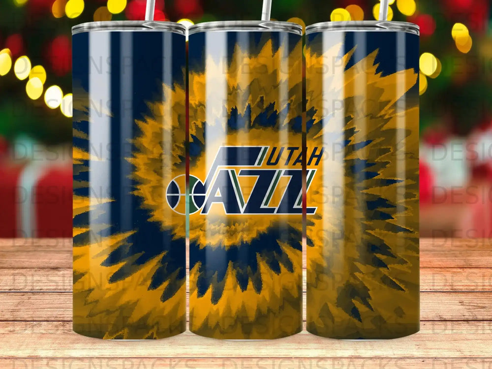 Utah Jazz logo on a tie-dye pattern tumbler cup.