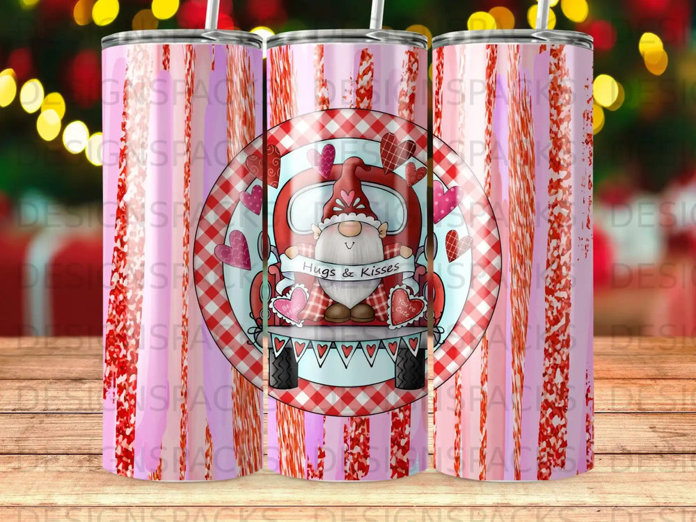 Gnome with hearts and "Hugs & Kisses" on a red gingham truck background.