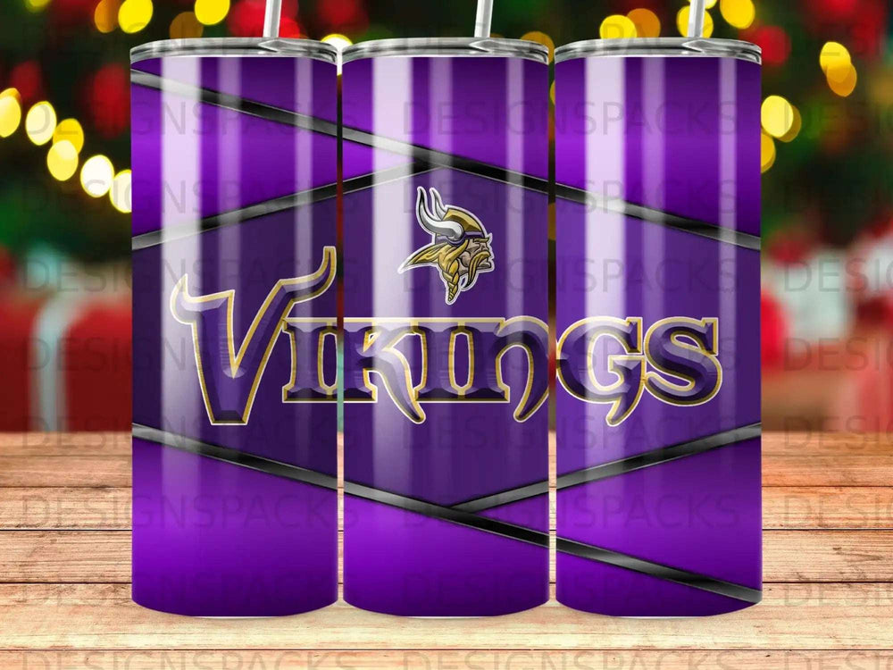 Purple tumbler with Minnesota Vikings logo and "Vikings" text.