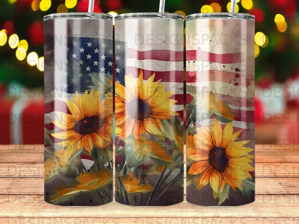 Triptych of sunflowers on rustic American flag background.