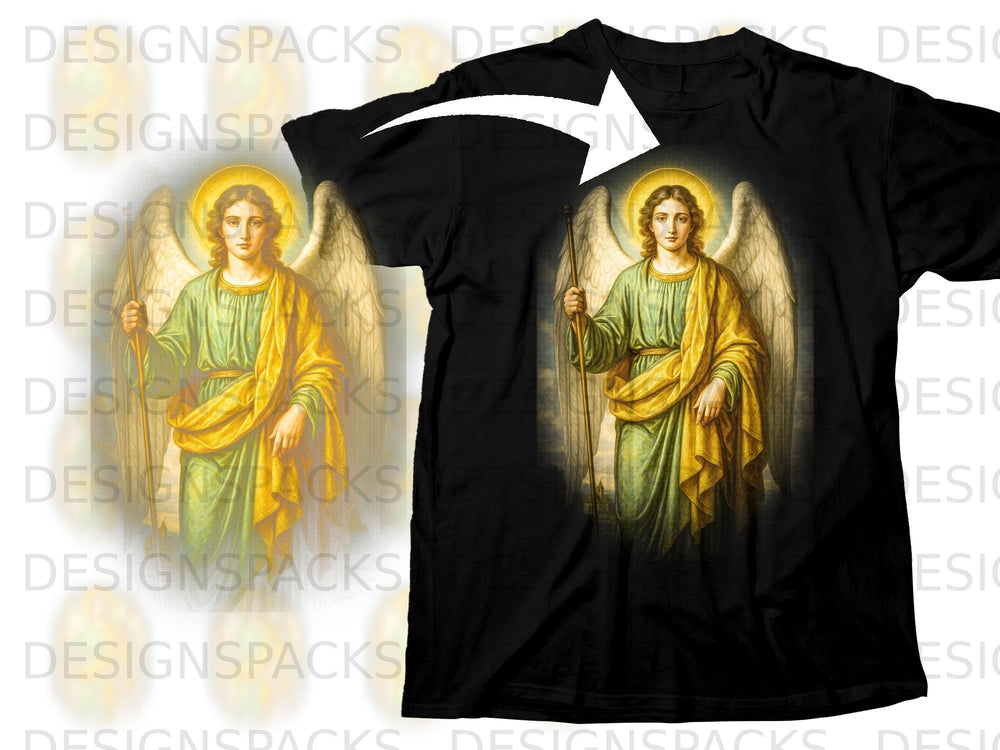 Black t-shirt featuring a Renaissance-style angel with wings, halo, and staff.