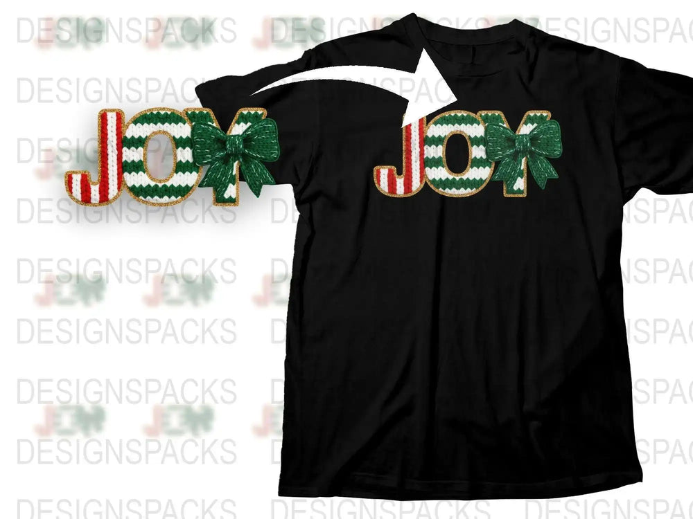 Joy Christmas T-Shirt with Striped Letters and Green Bow, Festive Holiday Apparel, Unisex Black Tee