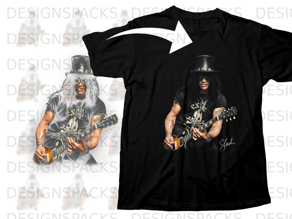 Black t-shirt with Slash playing guitar graphic and his signature.