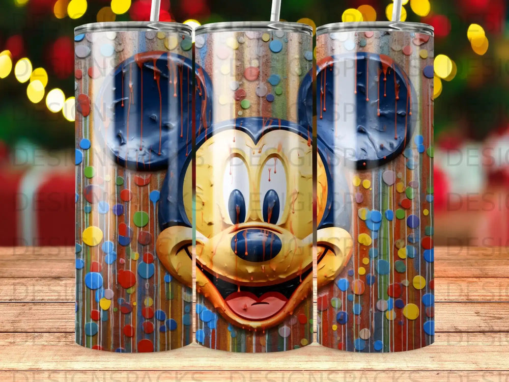 Mickey Mouse face on a tumbler with colorful polka dots and dripping paint.