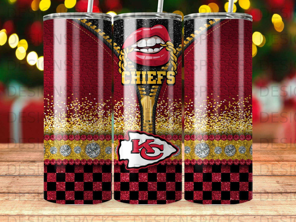 Kansas City Chiefs logo on a glitter and faux zipper tumbler design.
