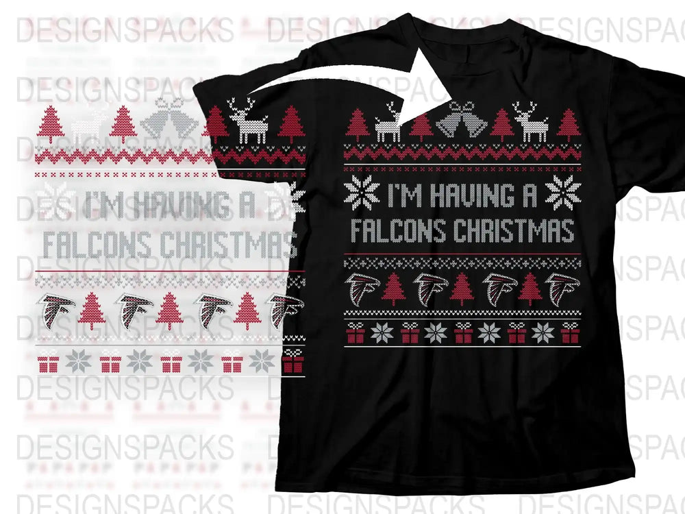 Falcons Christmas T-Shirt, Festive Holiday Tee, Winter Reindeer Snowflake Design, Black Ugly Sweater Style Shirt