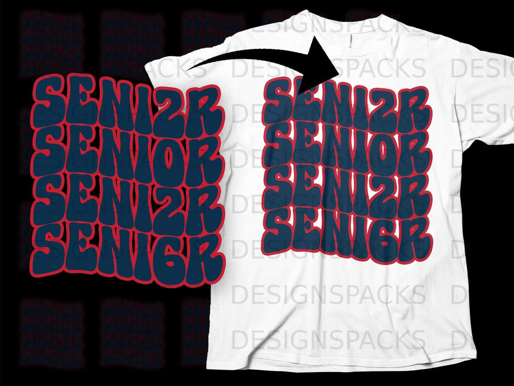 "Senior 2026" stacked text design on a white t-shirt.