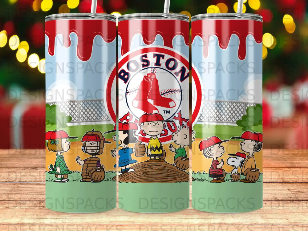 Boston Red Sox logo with cartoon characters, baseball field background.