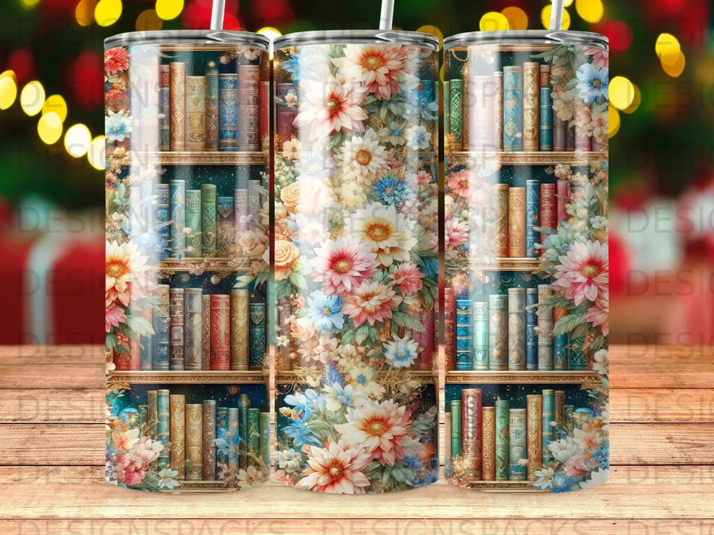 Bookshelf with floral accents and colorful lights.