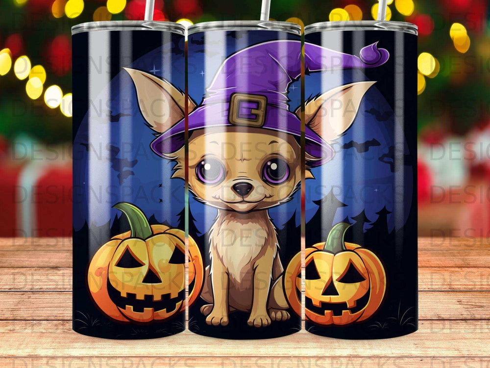 Chihuahua in witch hat with pumpkins, Halloween design.