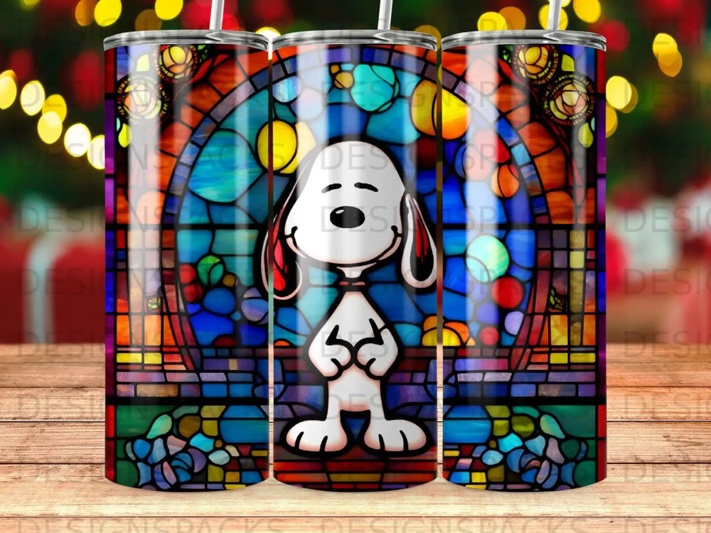 Snoopy character in front of a colorful stained glass window.