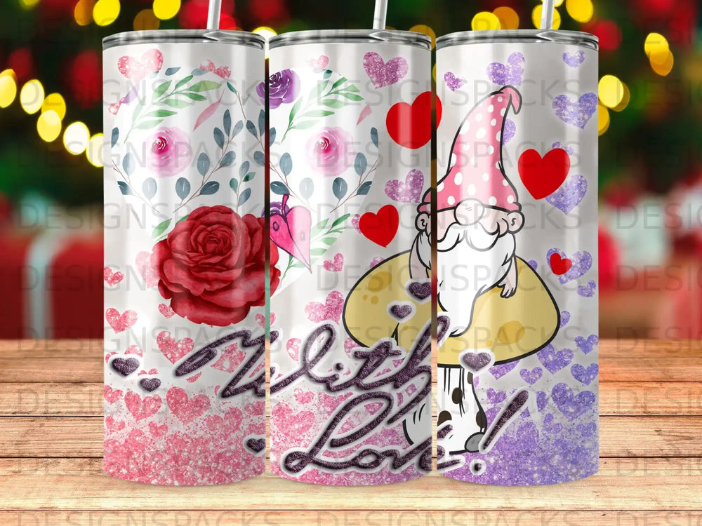 Valentine gnome with hearts and roses, "With Love" text.