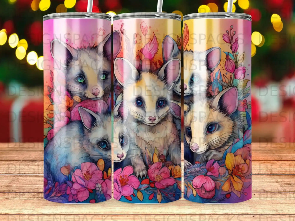 Three tumblers featuring cute foxes and floral designs.