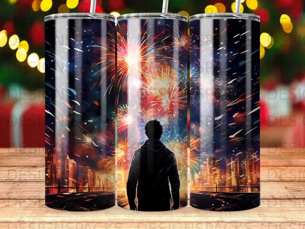 Person silhouetted against a vibrant fireworks display over a city skyline.