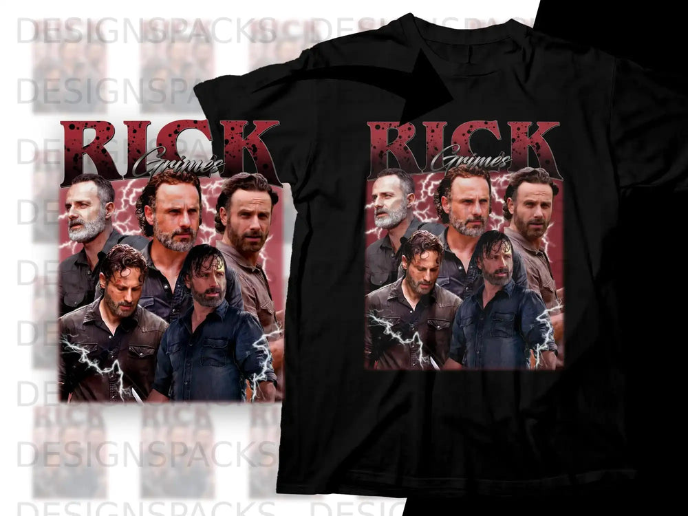 Collage of Rick Grimes characters on a black t-shirt.