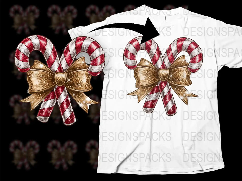 Festive Candy Cane T-Shirt Christmas Peppermint Bow Design Graphic Tee Holiday Apparel White Unisex Casual Shirt Gift Idea