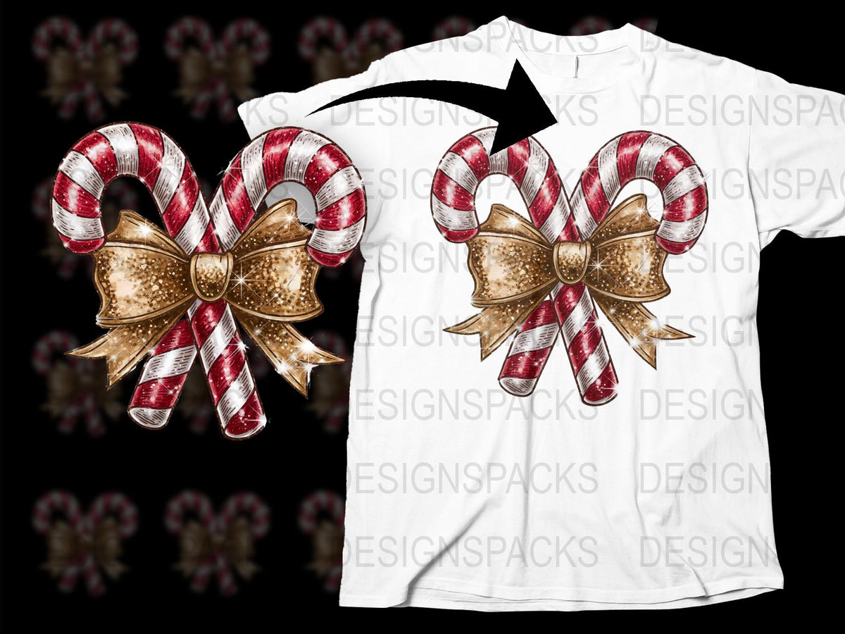 Festive Candy Cane T-Shirt Christmas Peppermint Bow Design Graphic Tee Holiday Apparel White Unisex Casual Shirt Gift Idea