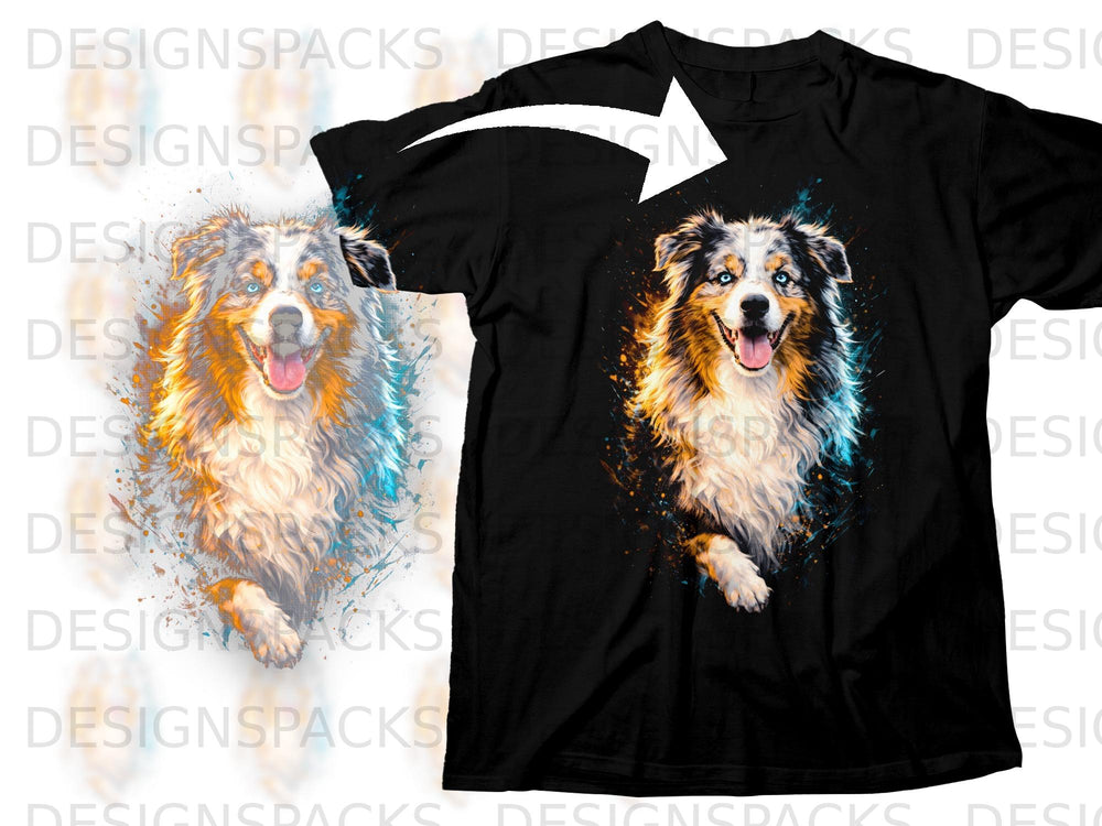 Black t-shirt with a watercolor painting of a happy Australian Shepherd dog.