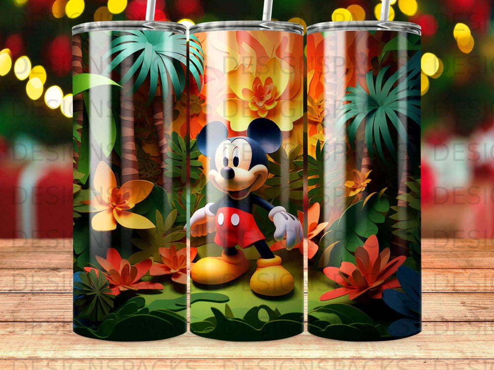 Mickey Mouse among tropical plants and flowers, digitally rendered.