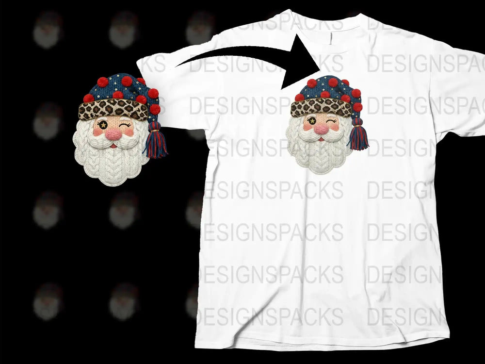 Knitted Santa Claus Patch T-Shirt, Christmas Holiday Tee, Cute Festive Winter Apparel for All Ages