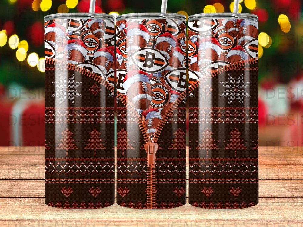 Cleveland Browns football themed tumbler with snowflake and heart patterns.