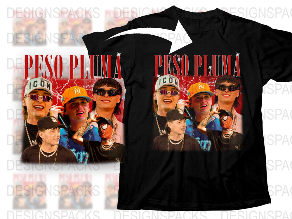 Peso Pluma Fan T-Shirt, Mexican Rapper Hip Hop Artist Graphic Tee, Unisex Black Shirt with Multiple Face Prints