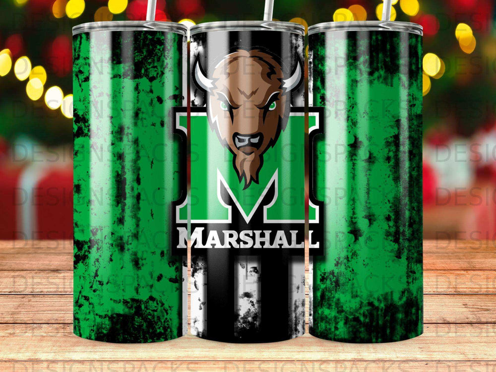 Green and black distressed tumbler with a buffalo logo and "Marshall" text.