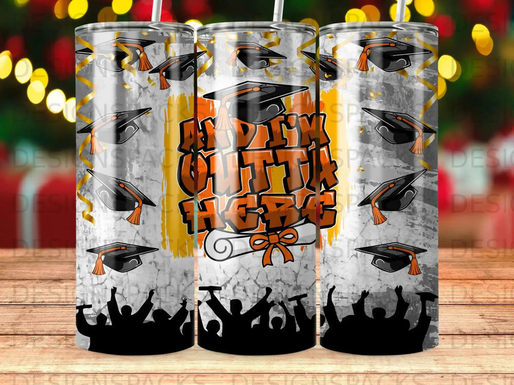Graduation hats and cheering crowd design on a skinny tumbler.